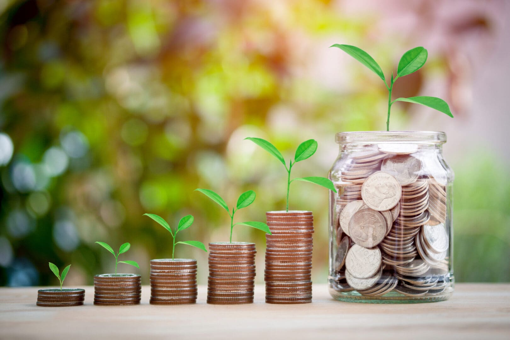 Plant growing stacking of coins and full money in a glass jar fo Coins with plants growing, symbolizing financial growth.